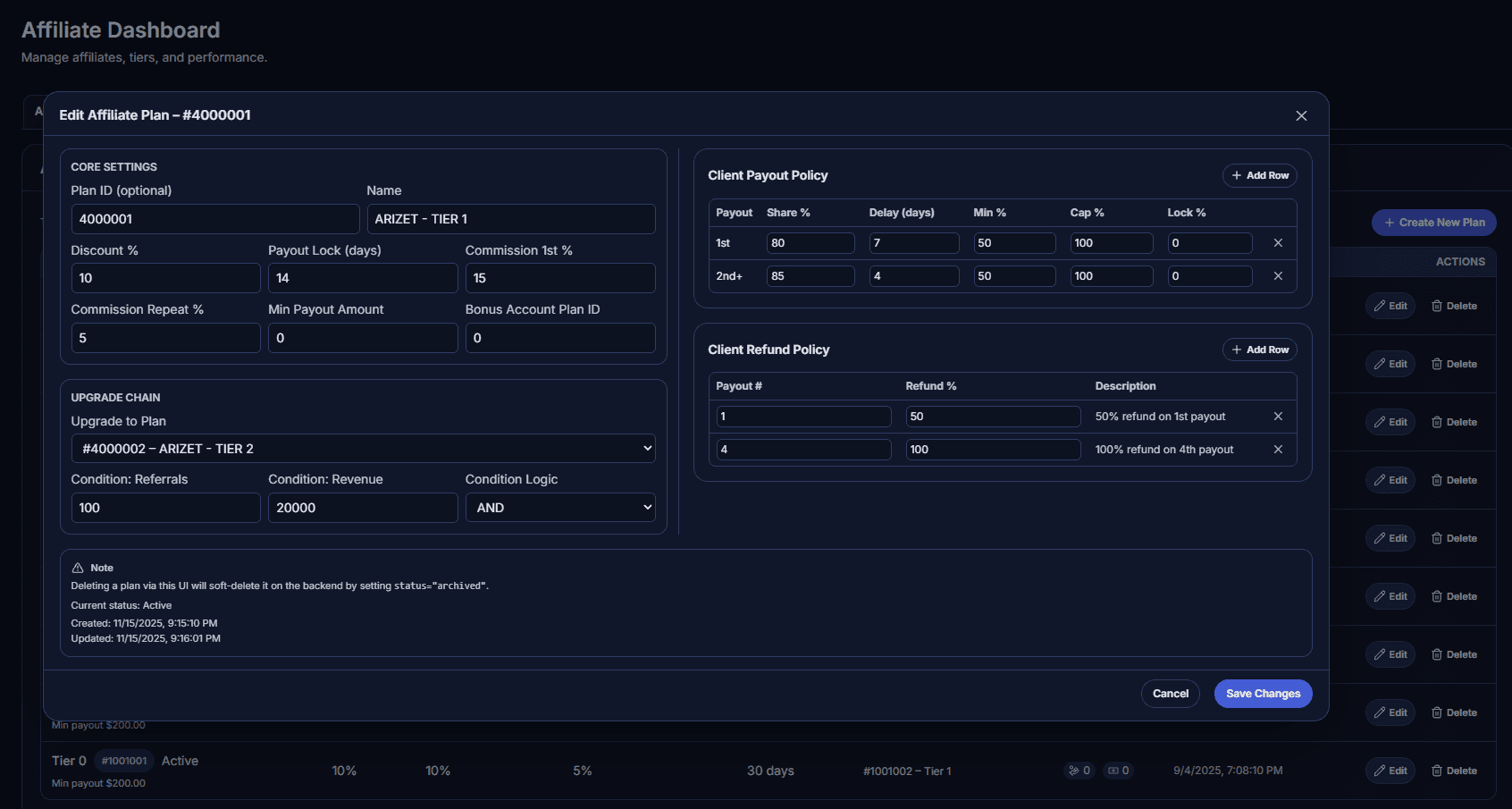Affiliate management dashboard with plans, coupons, and performance analytics.
